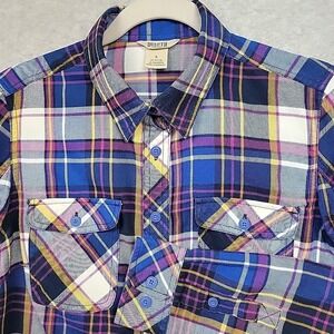 DULUTH TRADING Crosscut Wicking Flannel Shirt Womens Small Blue Purple Plaid EUC